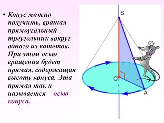 Конус можно получить, вращая прямоугольный треугольник вокруг одного из катетов. При этом