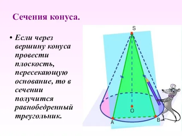 Сечения конуса. Если через вершину конуса провести плоскость, пересекающую основание, то в сечении получится равнобедренный треугольник.
