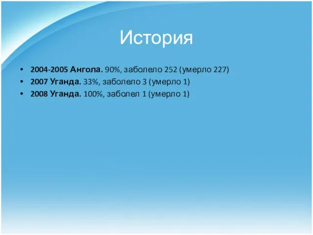 История 2004-2005 Ангола. 90%, заболело 252 (умерло 227) 2007 Уганда. 33%, заболело