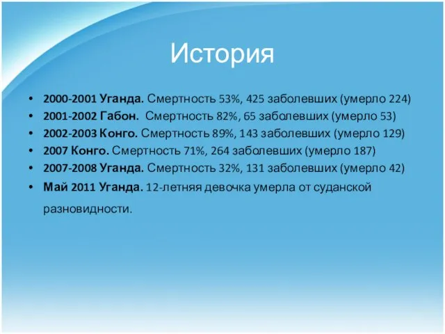 История 2000-2001 Уганда. Смертность 53%, 425 заболевших (умерло 224) 2001-2002 Габон. Смертность