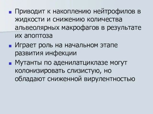 Приводит к накоплению нейтрофилов в жидкости и снижению количества альвеолярных макрофагов в