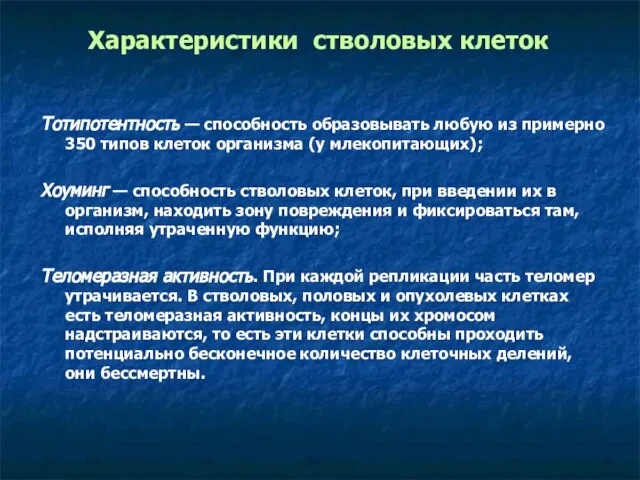 Характеристики стволовых клеток Тотипотентность — способность образовывать любую из примерно 350 типов