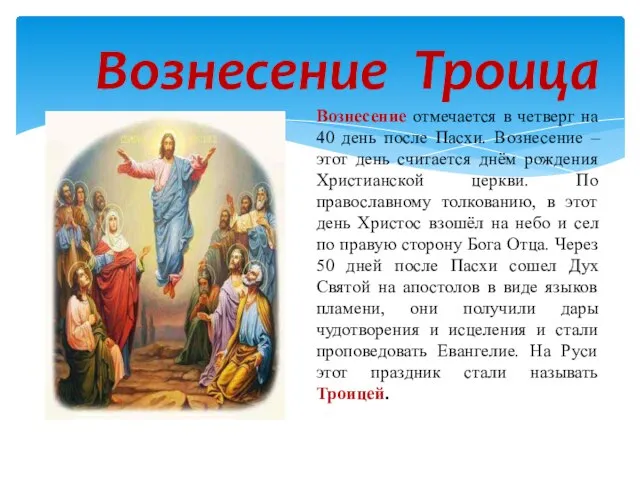 Вознесение Троица Вознесение отмечается в четверг на 40 день после Пасхи. Вознесение