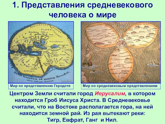 1. Представления средневекового человека о мире Центром Земли считали город Иерусалим, в