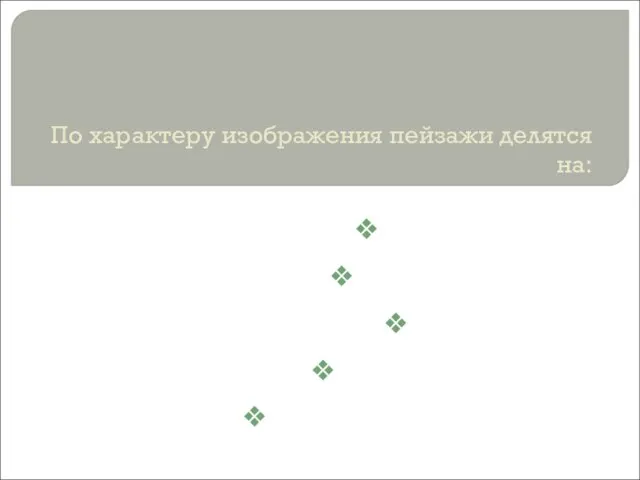 По характеру изображения пейзажи делятся на: Героический Исторический Эпический Романтический Пейзаж настроения