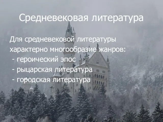 Средневековая литература Для средневековой литературы характерно многообразие жанров: - героический эпос -