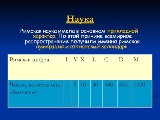 Наука Римская наука имела в основном прикладной характер. По этой причине всемирное