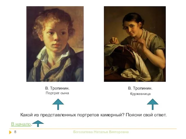 В. Тропинин. Кружевница В. Тропинин. Портрет сына Какой из представленных портретов камерный?