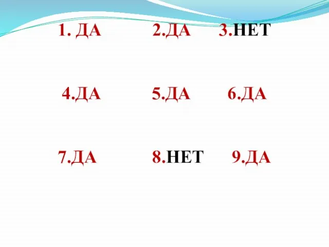 1. ДА 2.ДА 3.НЕТ 4.ДА 5.ДА 6.ДА 7.ДА 8.НЕТ 9.ДА