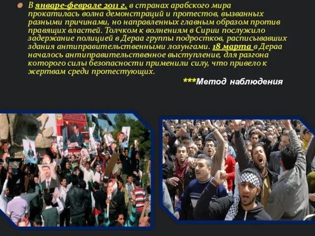 В январе-феврале 2011 г. в странах арабского мира прокатилась волна демонстраций и