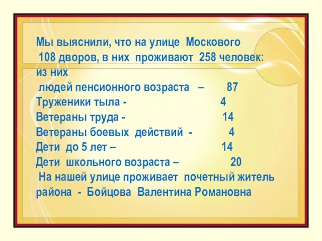 Мы выяснили, что на улице Москового 108 дворов, в них проживают 258