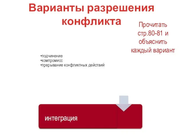 интеграция Варианты разрешения конфликта Прочитать стр.80-81 и объяснить каждый вариант