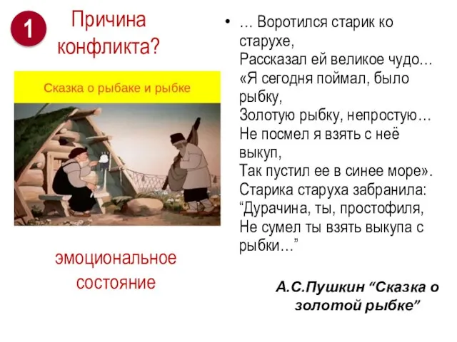 А.С.Пушкин “Сказка о золотой рыбке” … Воротился старик ко старухе, Рассказал ей