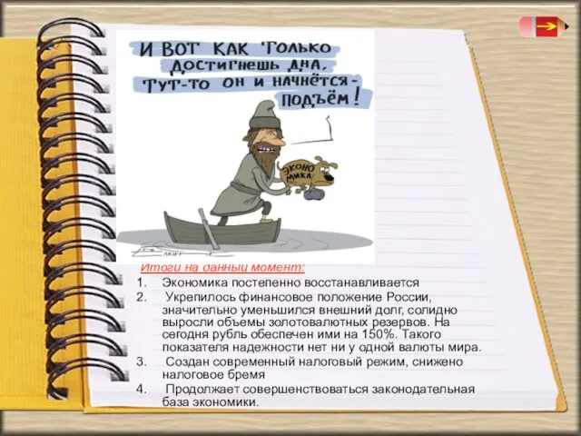 Итоги на данный момент: Экономика постепенно восстанавливается Укрепилось финансовое положение России, значительно