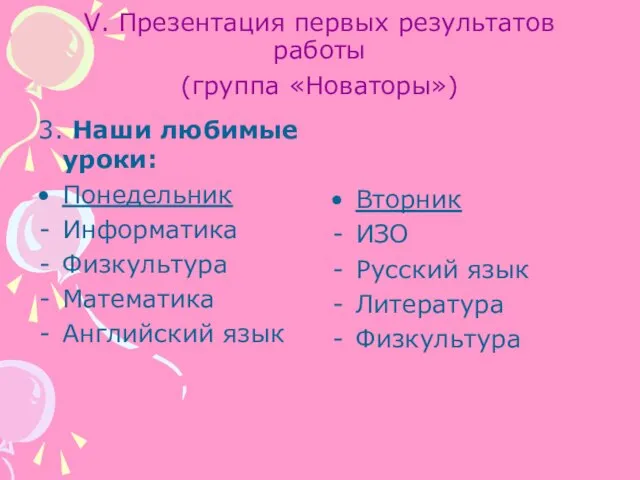 V. Презентация первых результатов работы (группа «Новаторы») 3. Наши любимые уроки: Понедельник