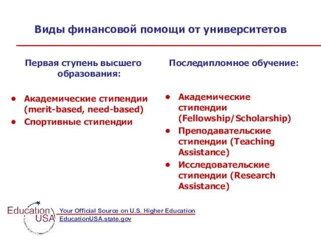 Виды финансовой помощи от университетов Первая ступень высшего образования: Академические стипендии (merit-based,