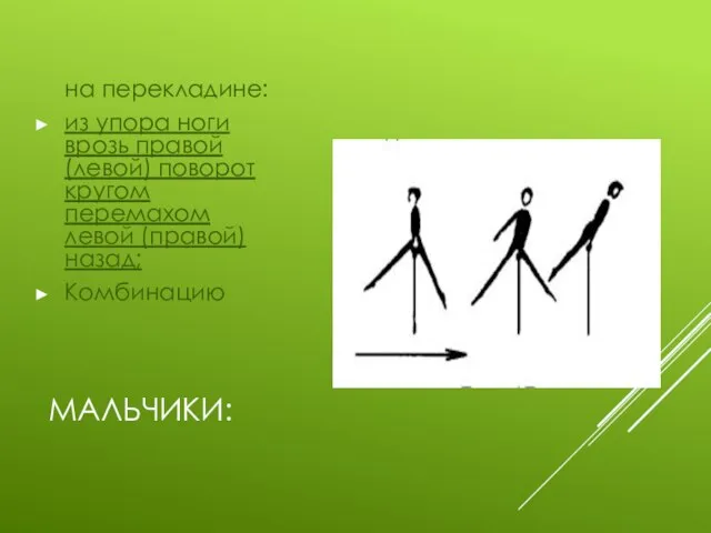 МАЛЬЧИКИ: на перекладине: из упора ноги врозь правой (левой) поворот кругом перемахом левой (правой) назад; Комбинацию