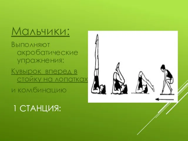 1 СТАНЦИЯ: Мальчики: Выполняют акробатические упражнения: Кувырок вперед в стойку на лопатках; и комбинацию