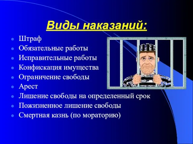 Виды наказаний: Штраф Обязательные работы Исправительные работы Конфискация имущества Ограничение свободы Арест