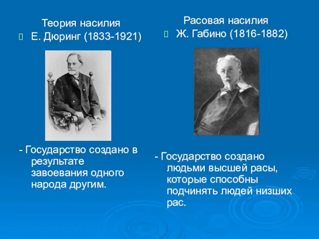 Теория насилия Е. Дюринг (1833-1921) - Государство создано в результате завоевания одного