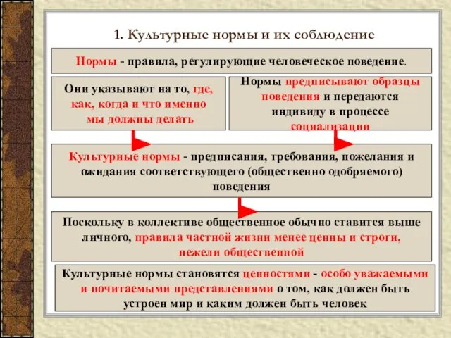 1. Культурные нормы и их соблюдение Нормы - правила, регулирующие человеческое поведение.