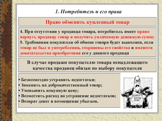 1. Потребитель и его права 4. При отсутствии у продавца товара, потребитель