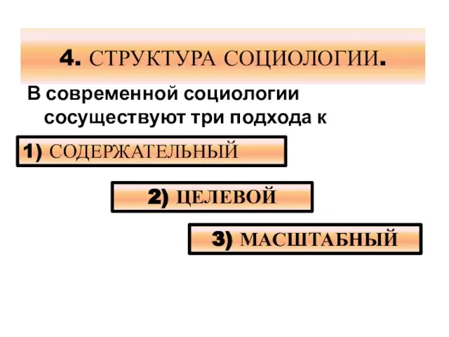 4. СТРУКТУРА СОЦИОЛОГИИ. В современной социологии сосуществуют три подхода к структуре социологии: