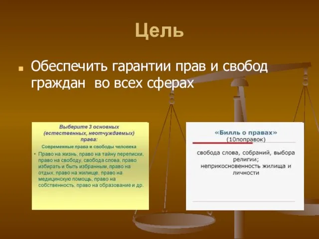 Цель Обеспечить гарантии прав и свобод граждан во всех сферах