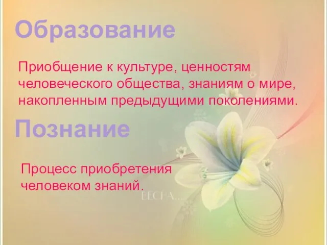 Познание Образование Приобщение к культуре, ценностям человеческого общества, знаниям о мире, накопленным