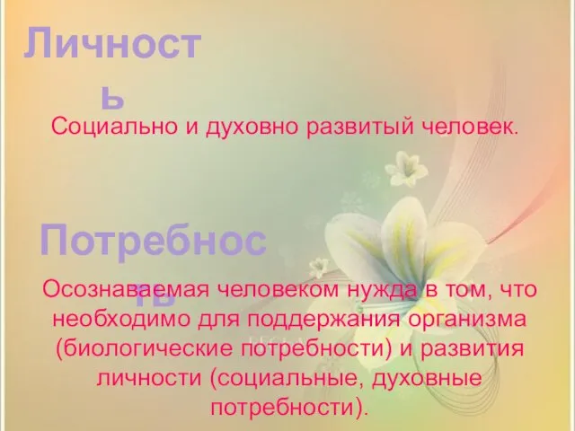 Личность Потребность Социально и духовно развитый человек. Осознаваемая человеком нужда в том,