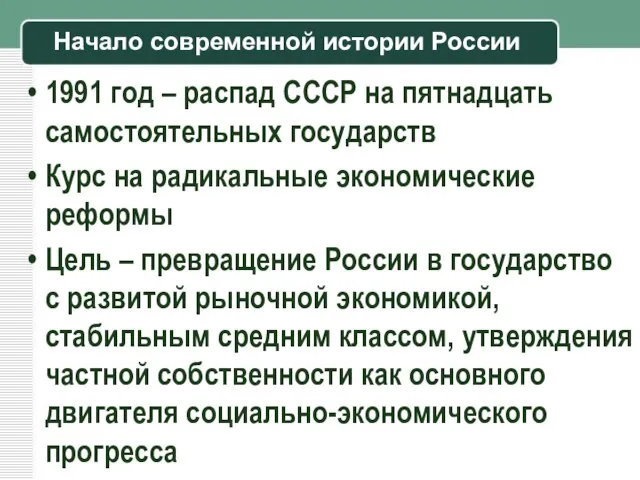 Начало современной истории России 1991 год – распад СССР на пятнадцать самостоятельных