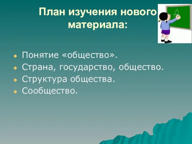 План изучения нового материала: Понятие «общество». Страна, государство, общество. Структура общества. Сообщество.