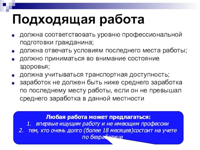 Подходящая работа должна соответствовать уровню профессиональной подготовки гражданина; должна отвечать условиям последнего