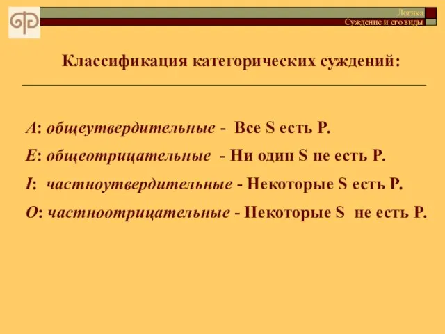 Классификация категорических суждений: Логика Суждение и его виды A: общеутвердительные - Все