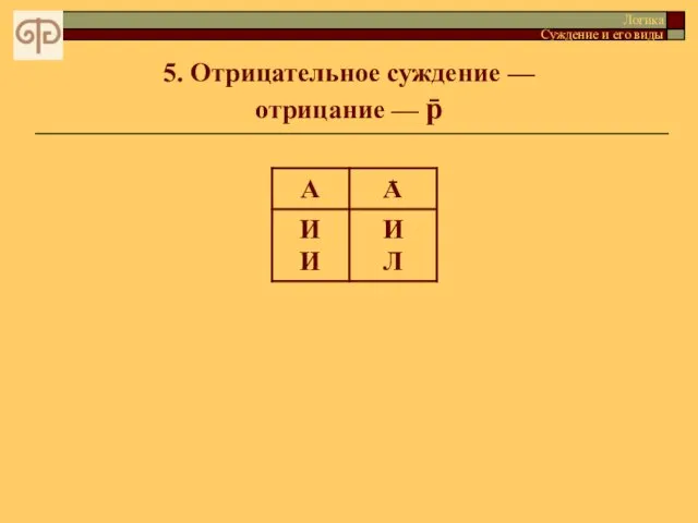 5. Отрицательное суждение — отрицание — p̄ Логика Суждение и его виды