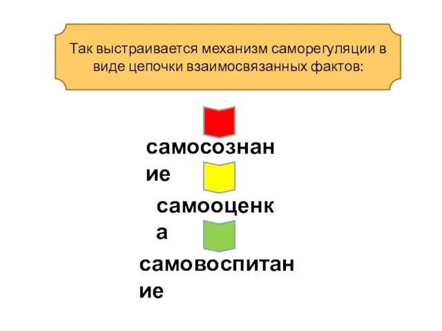 Так выстраивается механизм саморегуляции в виде цепочки взаимосвязанных фактов: самосознание самооценка самовоспитание