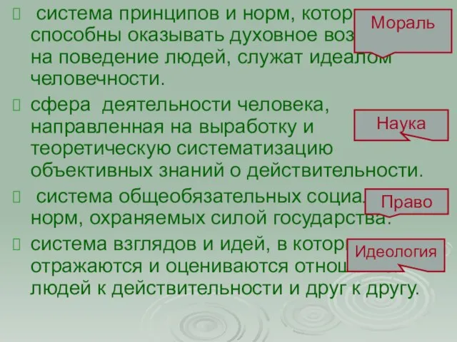 система принципов и норм, которые способны оказывать духовное воздействие на поведение людей,