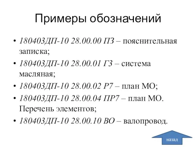 Примеры обозначений 180403ДП-10 28.00.00 ПЗ – пояснительная записка; 180403ДП-10 28.00.01 Г3 –