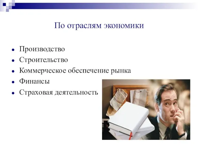 По отраслям экономики Производство Строительство Коммерческое обеспечение рынка Финансы Страховая деятельность