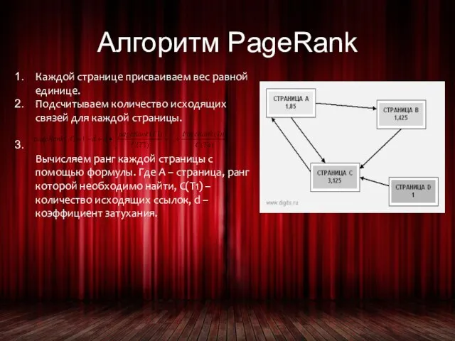 Алгоритм PageRank Каждой странице присваиваем вес равной единице. Подсчитываем количество исходящих связей