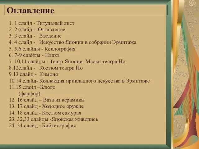 Оглавление 1. 1 слайд - Титульный лист 2. 2 слайд - Оглавление