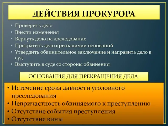 ДЕЙСТВИЯ ПРОКУРОРА Проверить дело Внести изменения Вернуть дело на доследование Прекратить дело