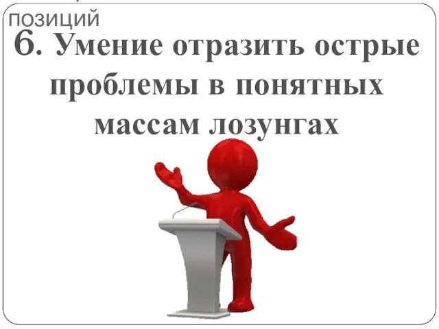 Факторы завоевания властных позиций 6. Умение отразить острые проблемы в понятных массам лозунгах