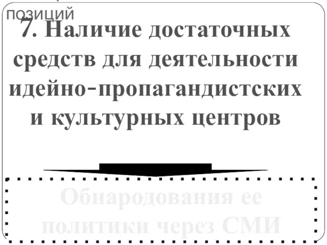 Факторы завоевания властных позиций 7. Наличие достаточных средств для деятельности идейно-пропагандистских и