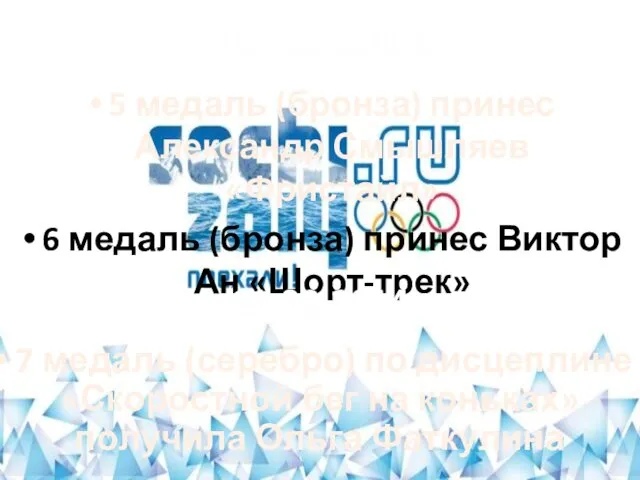 10.02.2014 5 медаль (бронза) принес Александр Смышляев «Фристайл» 6 медаль (бронза) принес