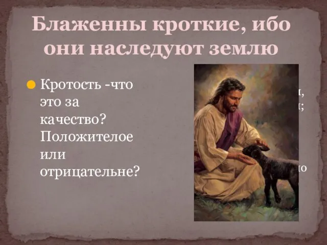 Блаженны кроткие, ибо они наследуют землю Кротость -что это за качество? Положителое