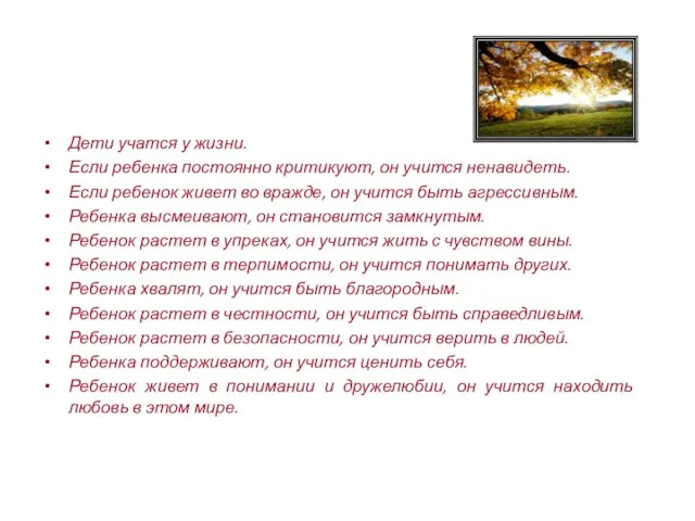 Дети учатся у жизни. Если ребенка постоянно критикуют, он учится ненавидеть. Если