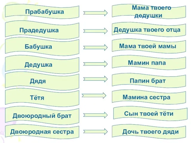 Прабабушка Прадедушка Бабушка Дедушка Дядя Тётя Двоюродный брат Двоюродная сестра Мама твоего