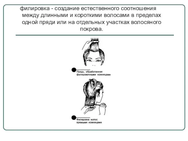 филировка - создание естественного соотношения между длинными и короткими волосами в пределах