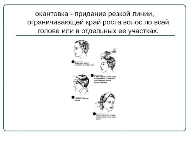 окантовка - придание резкой линии, ограничивающей край роста волос по всей голове